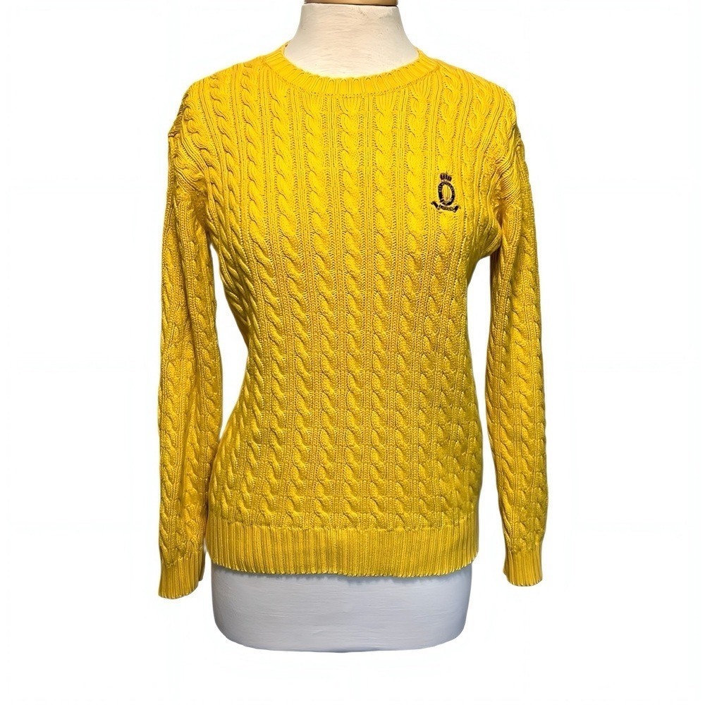 Vintage Ralph Lauren 90s Cable Knit Cotton Sweater Women S Yellow Preppy Crest